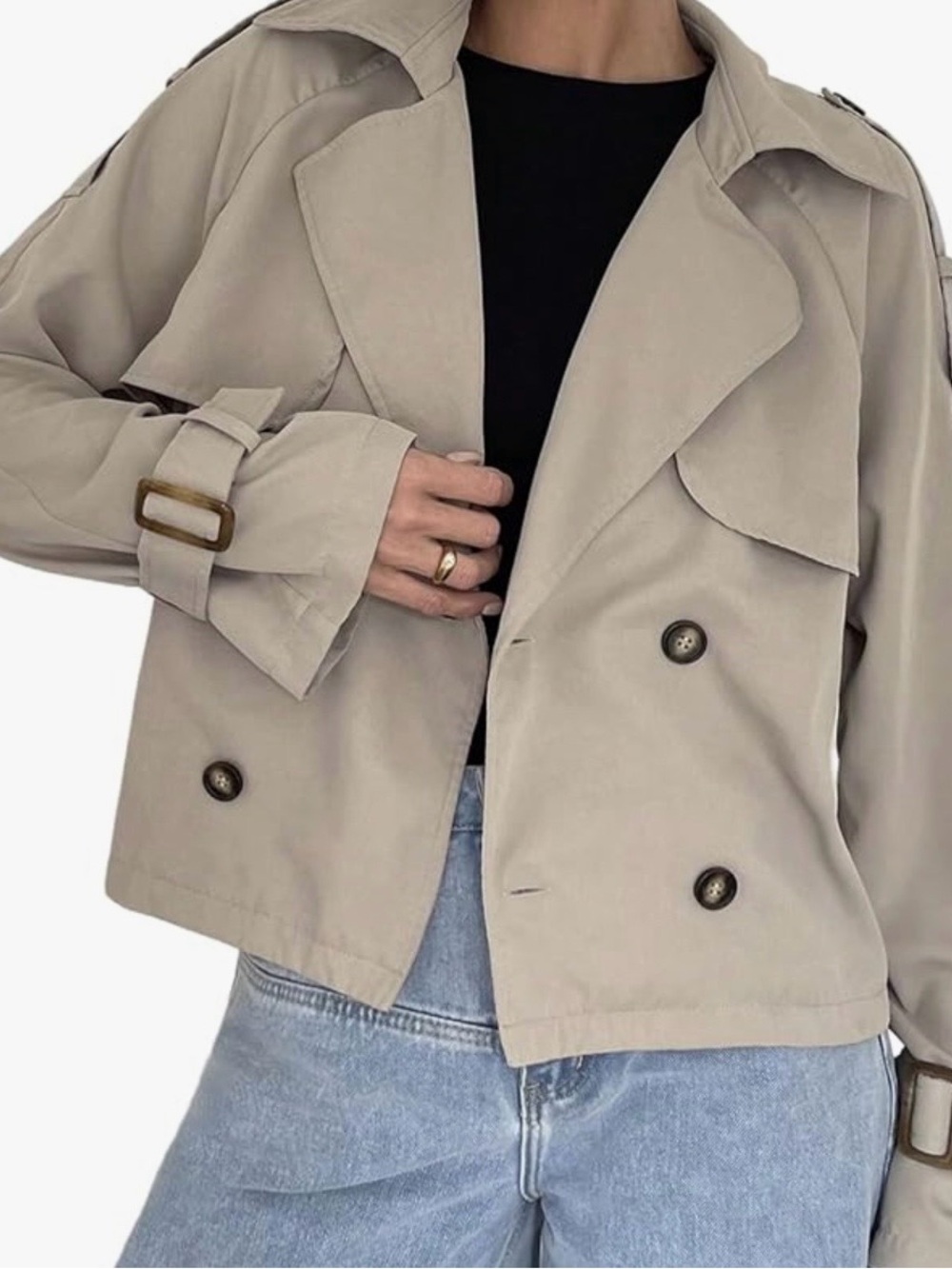 Women's Cropped Beige Trench Coat with Double-Breasted Buttons